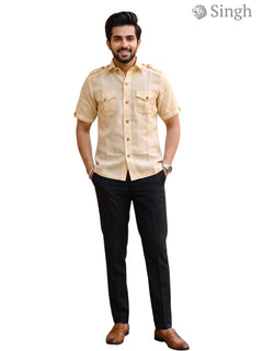 M Hunting Shirts in Chaval Taka HF-1302-5, beige fabric, front view on model with pockets