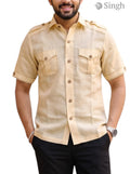 M Hunting Shirts in Chaval Taka HF-1302-5 tan color linen fabric front view