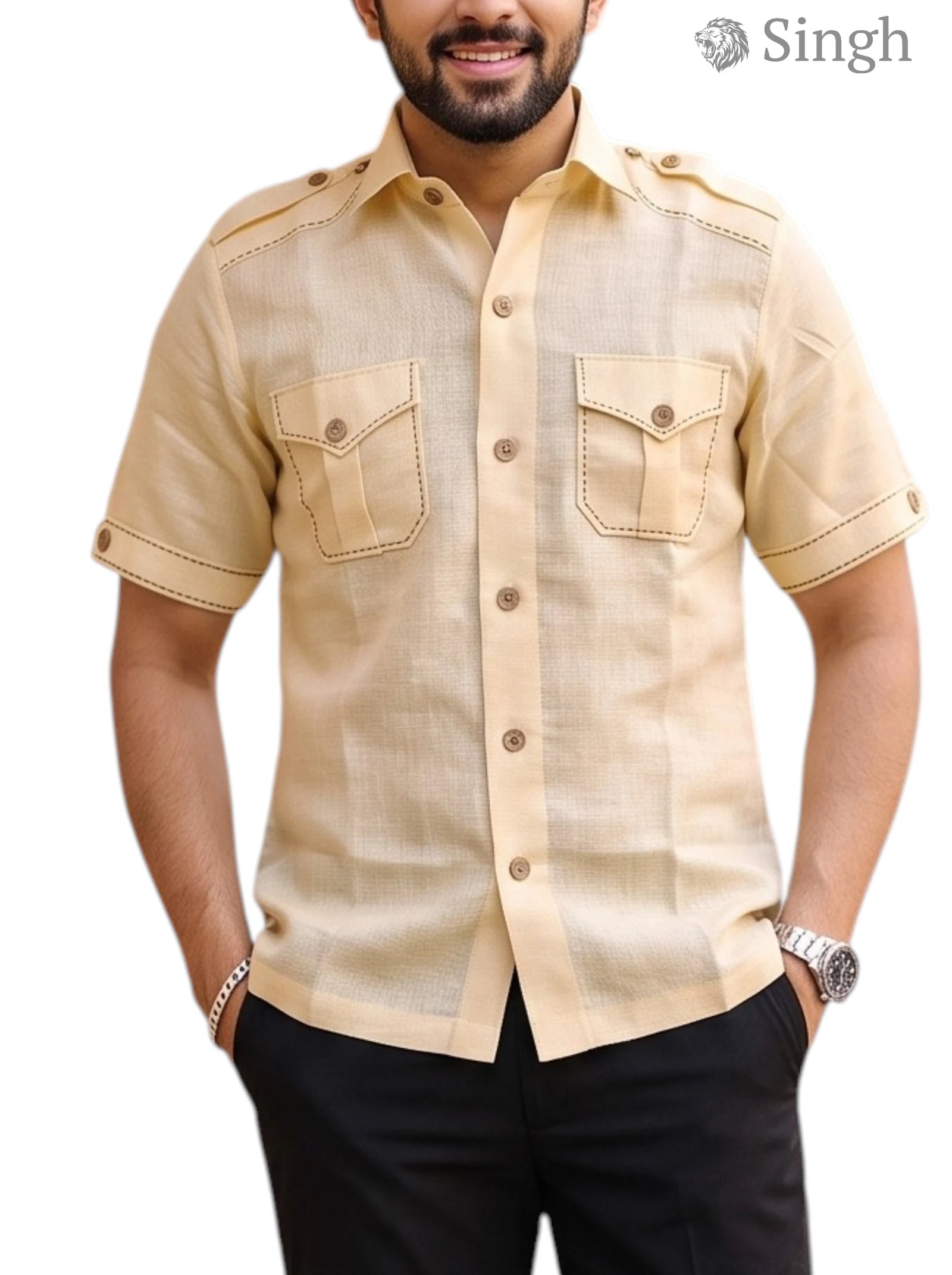 M Hunting Shirts in Chaval Taka HF-1302-5 tan color linen fabric front view