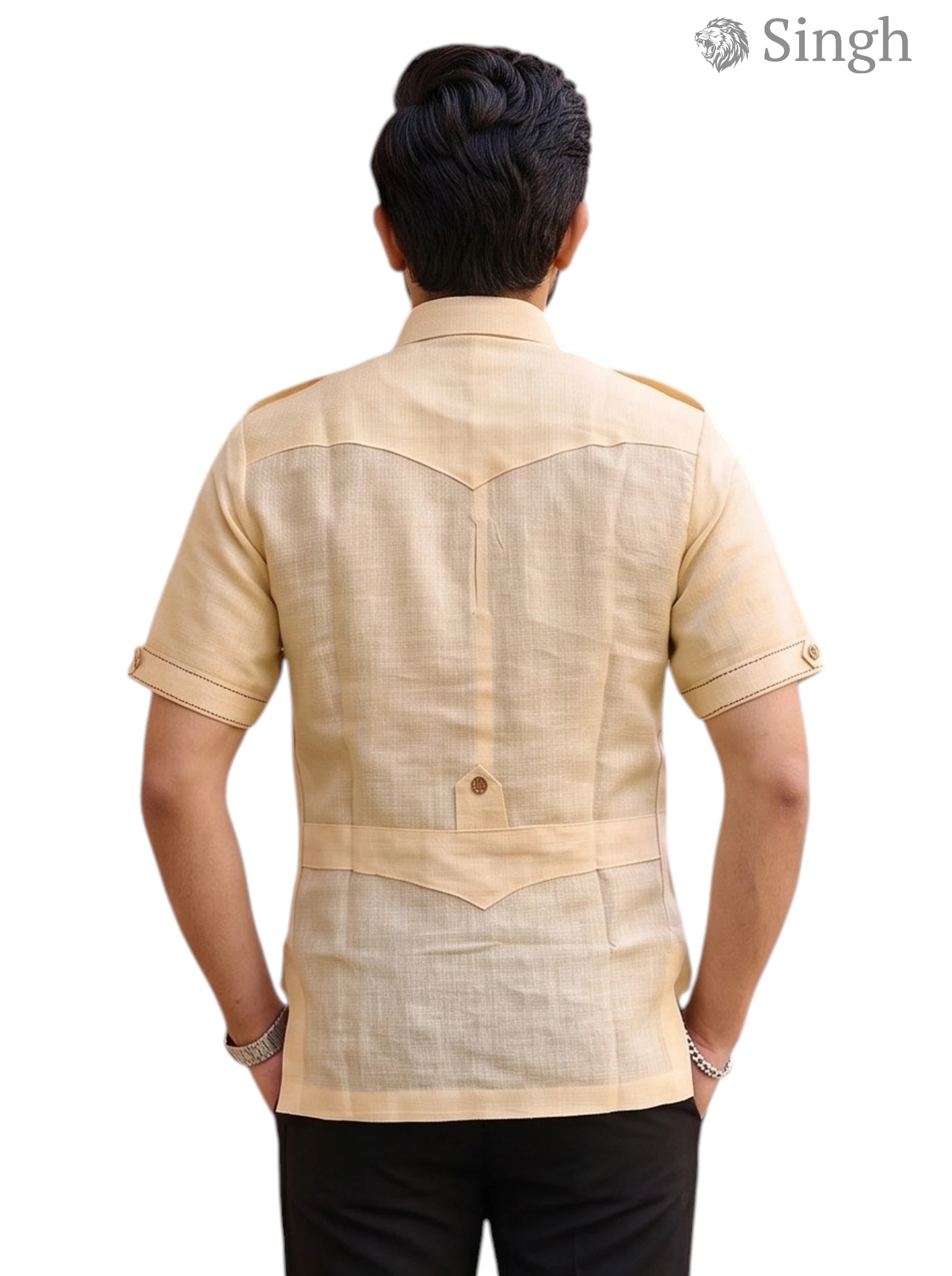 M Hunting Shirts in Chaval Taka HF-1302-5 Beige Linen Back View with Short Sleeves