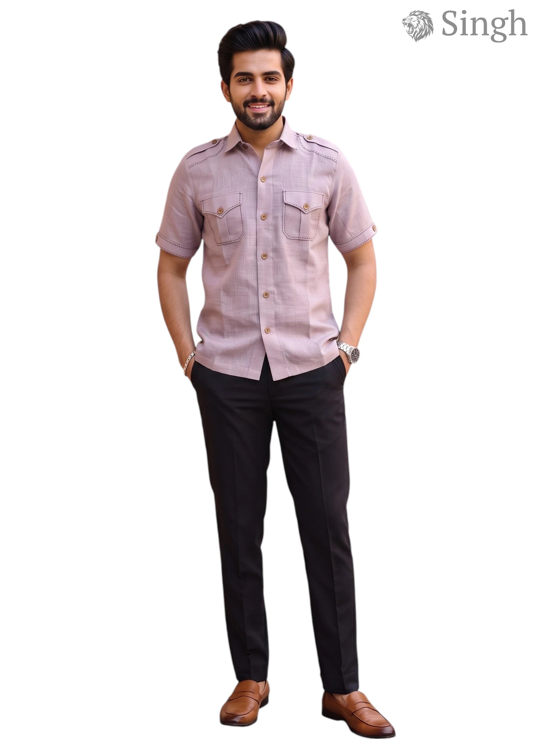 M Chaval Taka HF-1302-5 Hunting Shirts in Light Brown Cotton, Front View