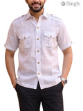 M Hunting Shirts in Chaval Taka HF-1302-5, white fabric, front view showing button details and pockets.