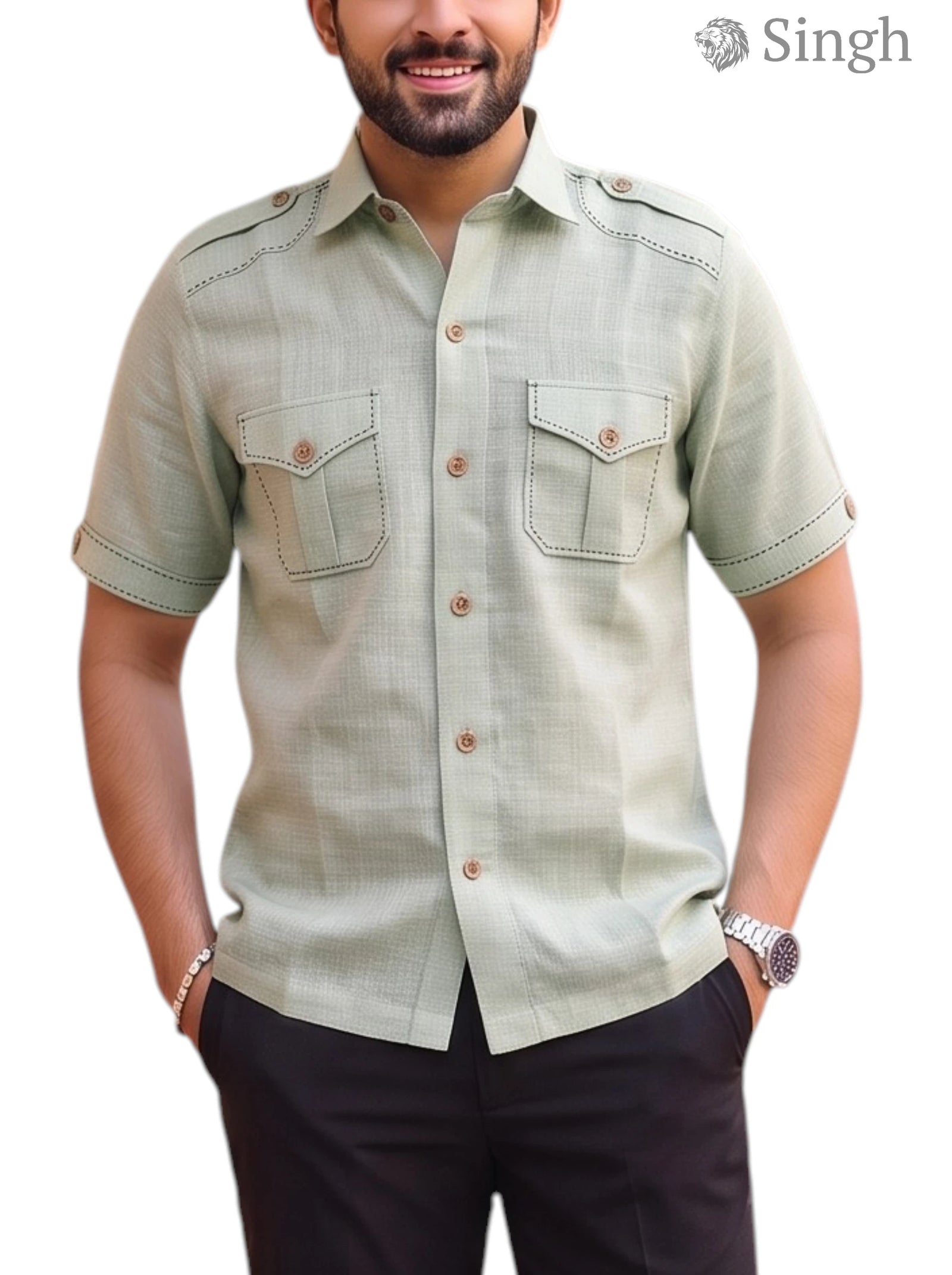 M Hunting Shirts in Chaval Taka HF-1302-5 Green Lightweight Fabric Front View