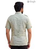 M Hunting Shirts in Chaval Taka HF-1302-5, green linen fabric, back view