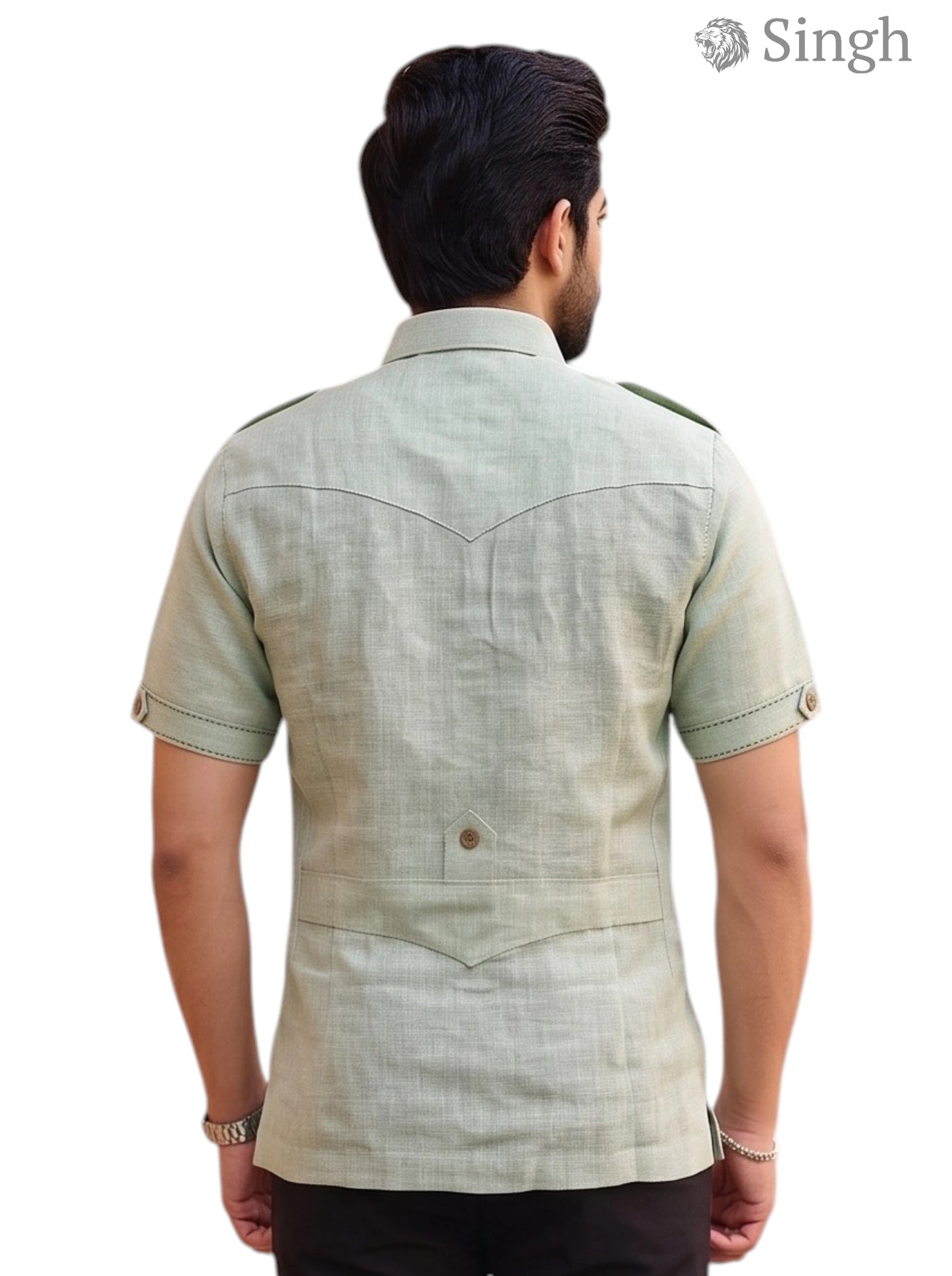 M Hunting Shirts in Chaval Taka HF-1302-5, green linen fabric, back view