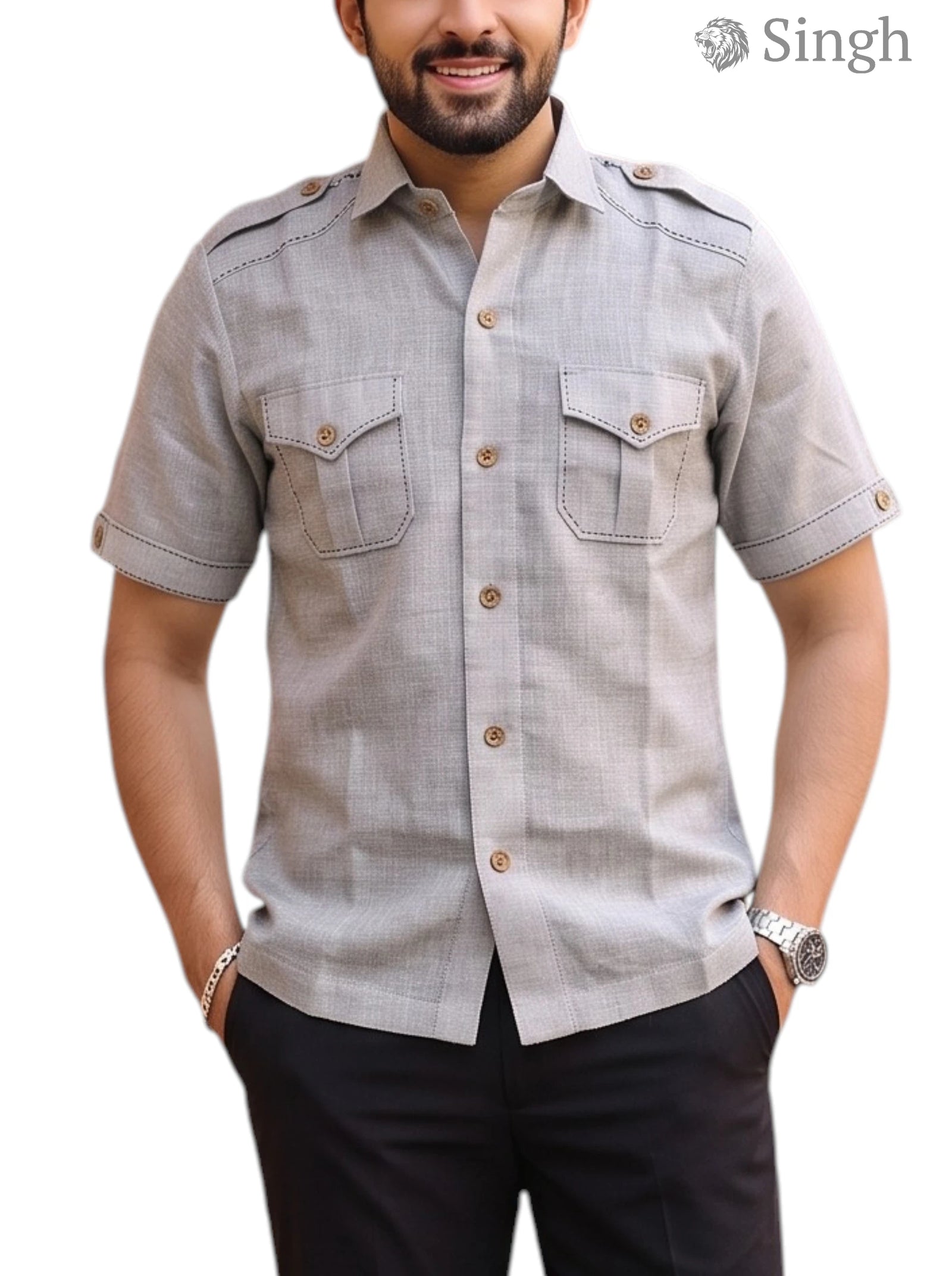 M Hunting Shirts in Grey Cotton Front View with Two Chest Pockets - Hunting Shirts In Chaval Taka HF-1302-5