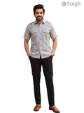 M Hunting Shirts in Chaval Taka HF-1302-5, light gray fabric, front view on model in smart casual attire