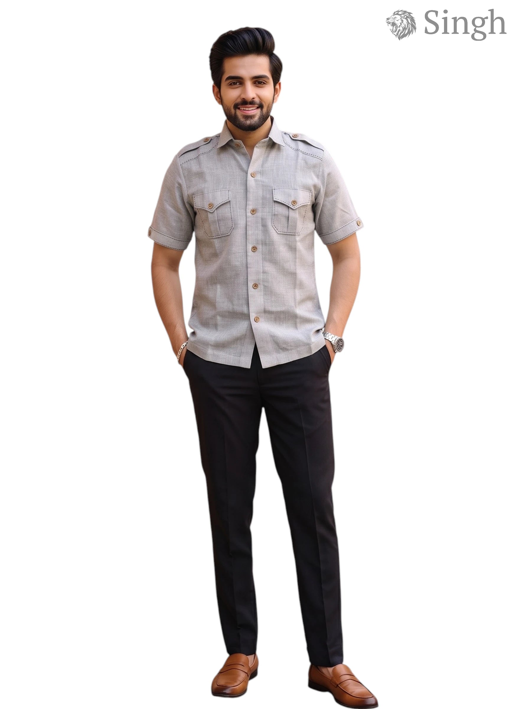 M Hunting Shirts in Chaval Taka HF-1302-5, light gray fabric, front view on model in smart casual attire
