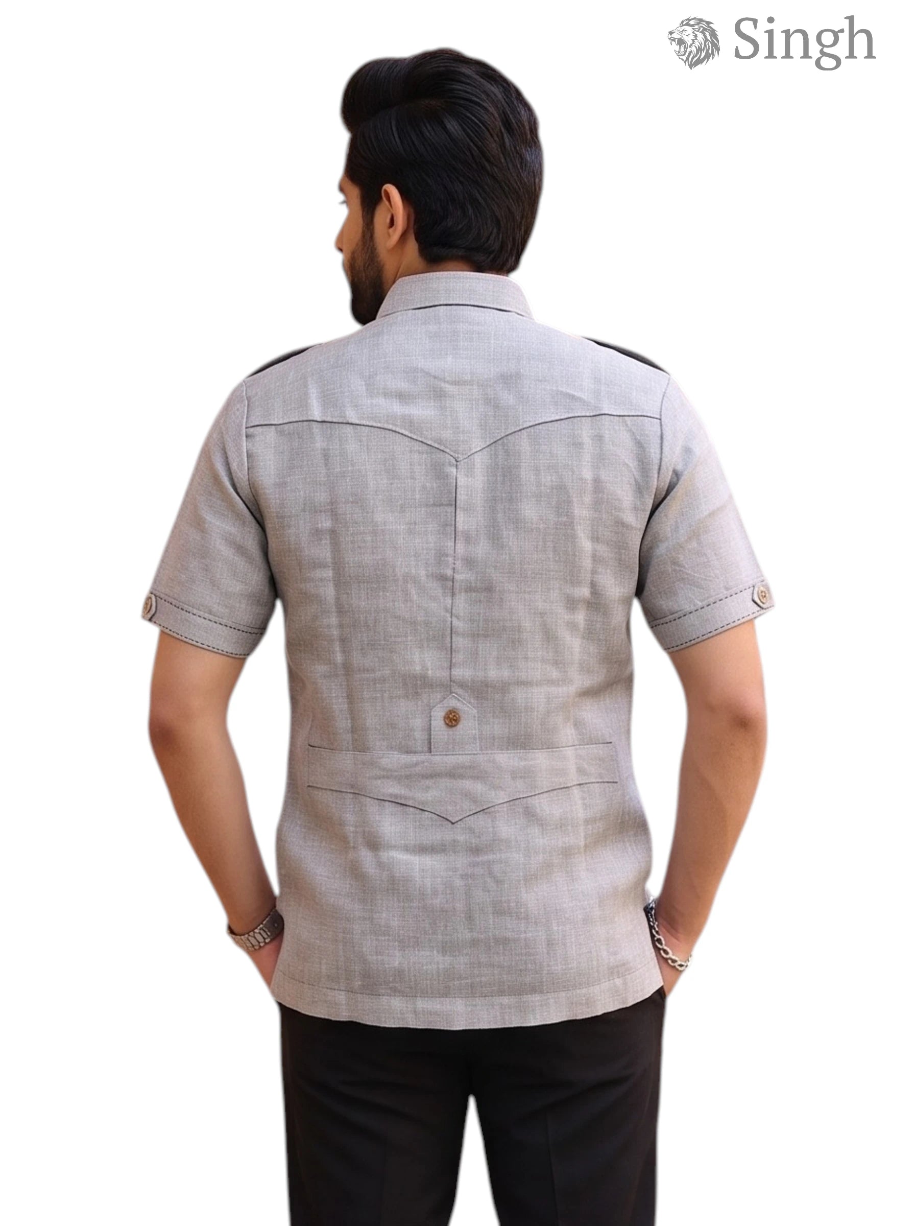 M Hunting Shirts in Chaval Taka HF-1302-5, beige fabric, back view with short sleeves