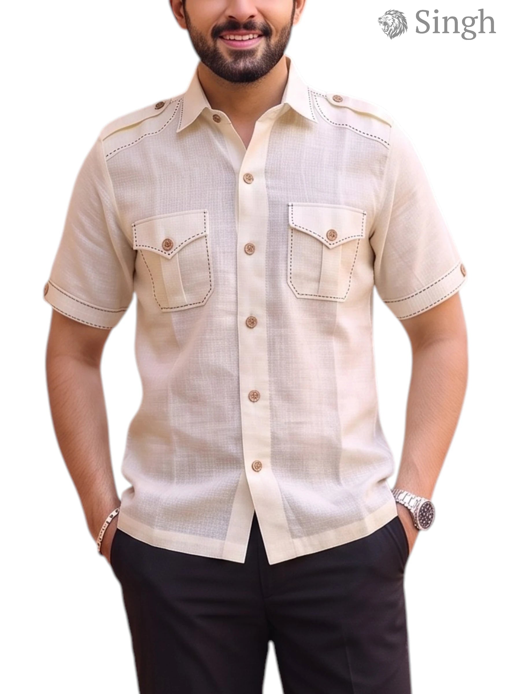 M Beige Hunting Shirts In Chaval Taka HF-1302-5 with buttoned pockets and short sleeves