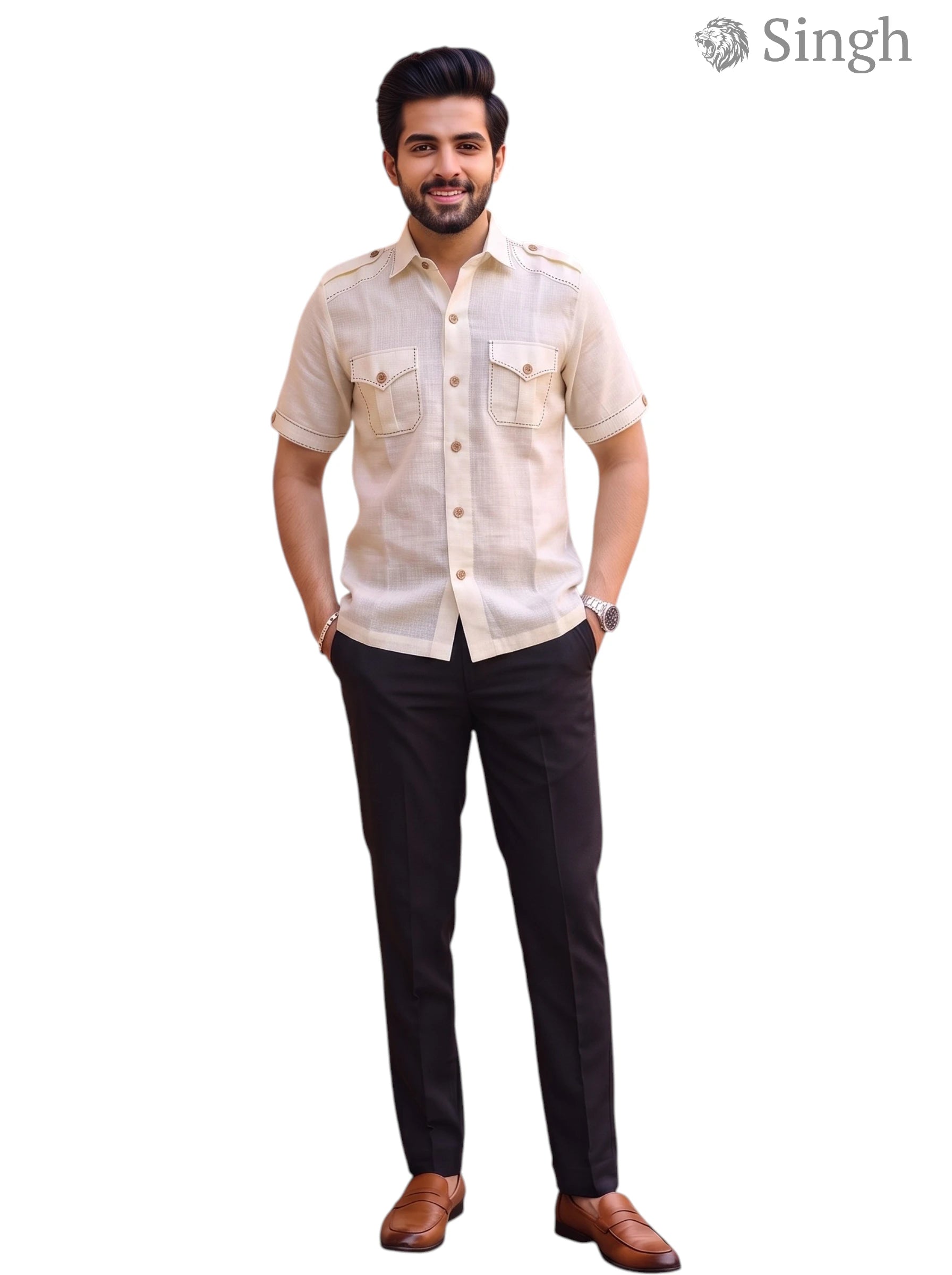 M Hunting Shirts in Chaval Taka HF-1302-5 Beige Cotton Front View with Pockets