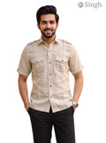 M Hunting Shirts in Chaval Taka HF-1302-5 Beige Fabric Front View with Short Sleeves