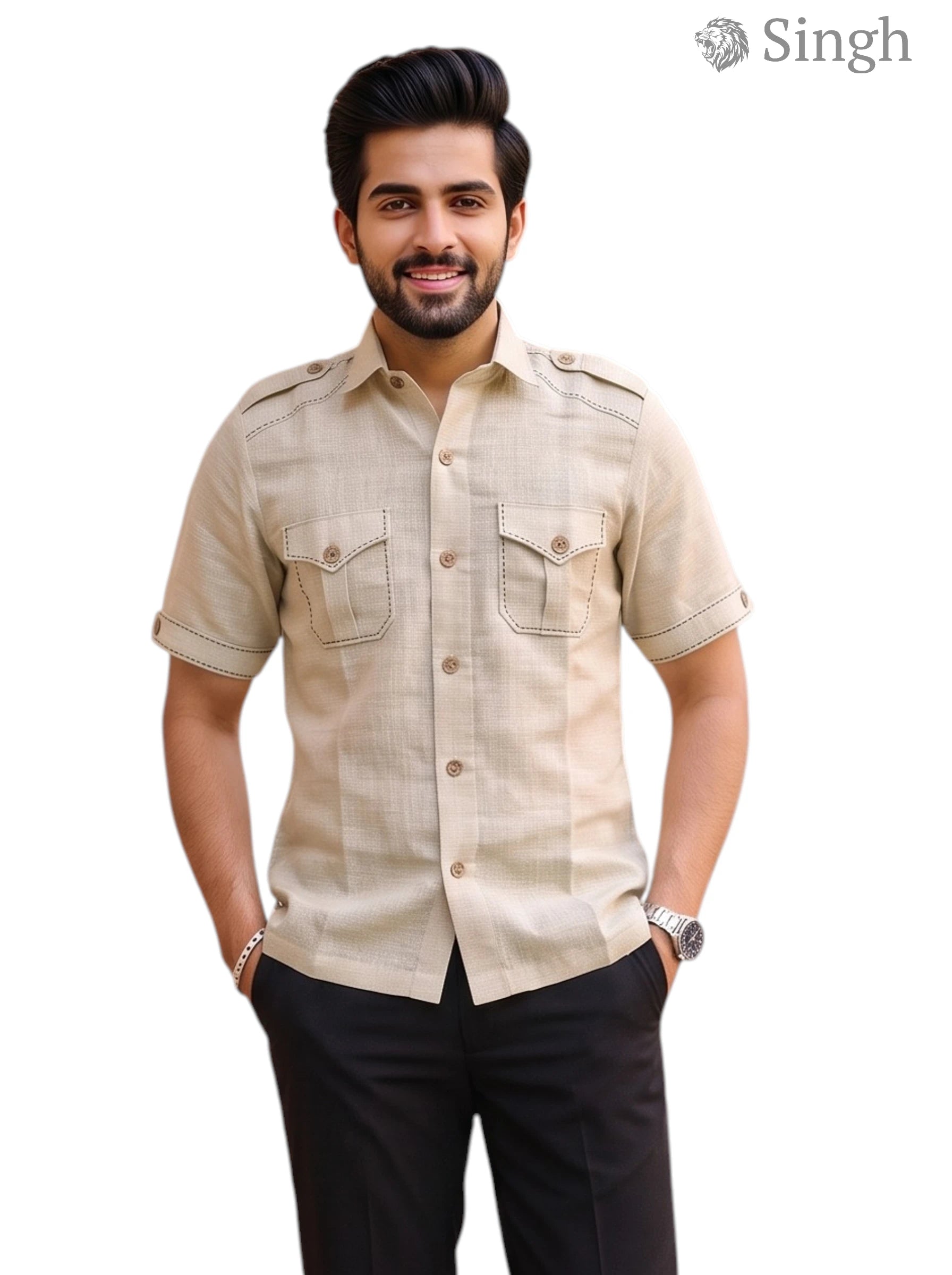 M Hunting Shirts in Chaval Taka HF-1302-5 Beige Fabric Front View with Short Sleeves
