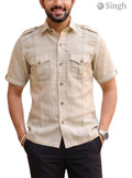 M Hunting Shirts in Beige Chaval Taka Fabric Front View featuring Two Chest Pockets