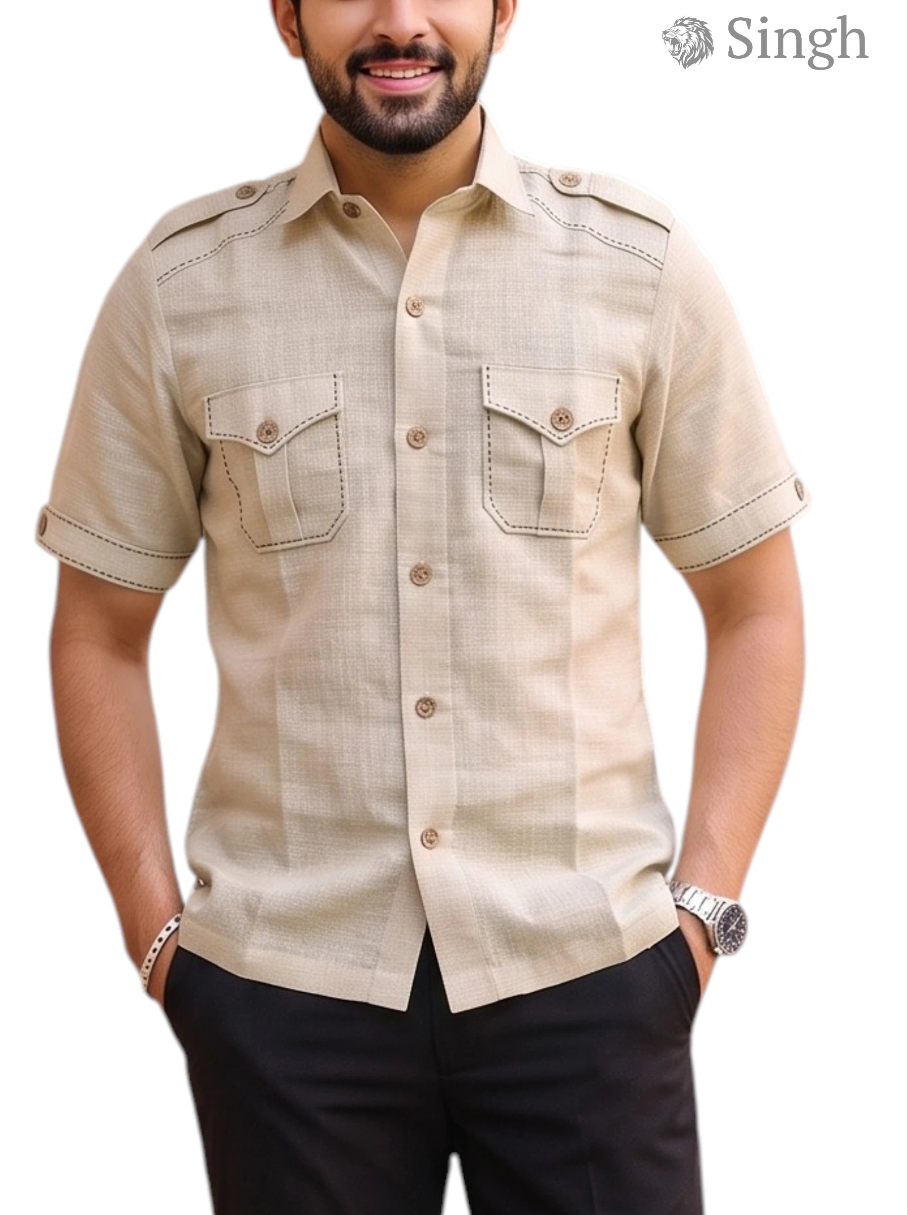 M Hunting Shirts in Beige Chaval Taka Fabric Front View featuring Two Chest Pockets