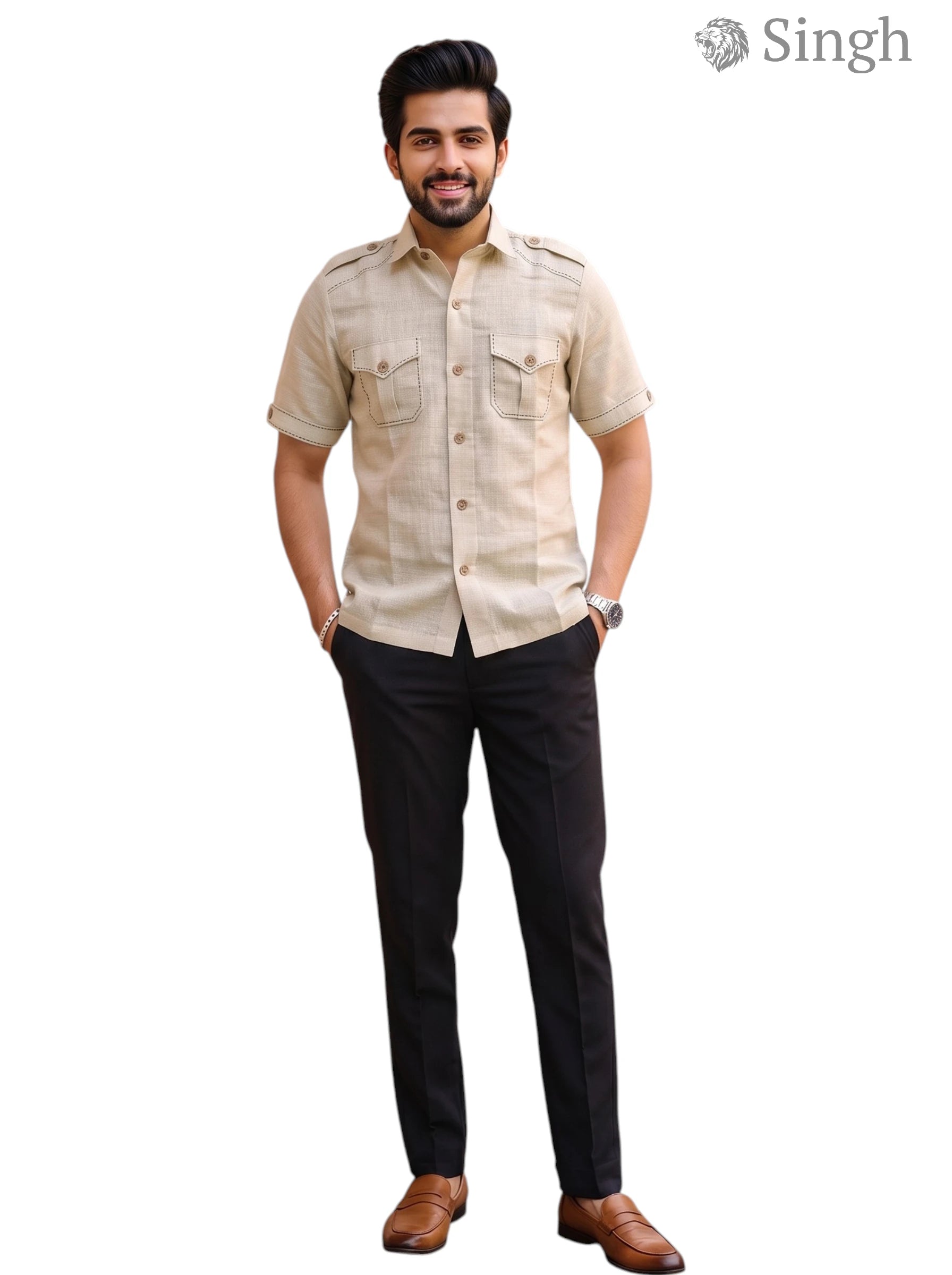 M Beige Hunting Shirts In Chaval Taka HF-1302-5 with Short Sleeves and Front Pockets