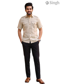 M Beige Hunting Shirts In Chaval Taka HF-1302-5 with Short Sleeves and Front Pockets