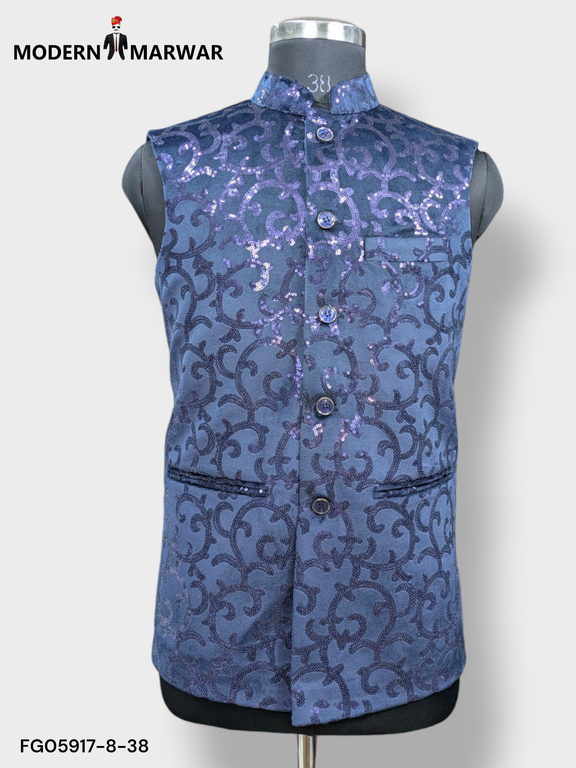 Men's designer koti jacket in blue with intricate patterns and a stylish collar for elegant occasions