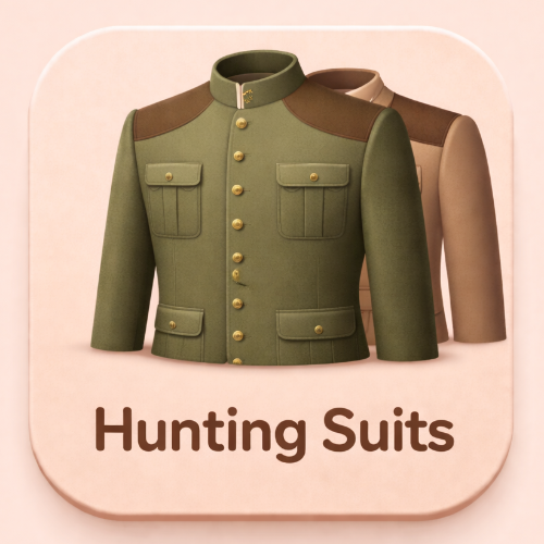 Green hunting suit with brown accents on a beige background