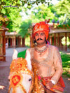 Elegant angarkha sherwani wedding attire worn by a regal man riding a decorated horse in a lush outdoor setting