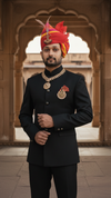 Default black bandhgala jodhpuri suit in fabric with a front pose showcasing royal elegance