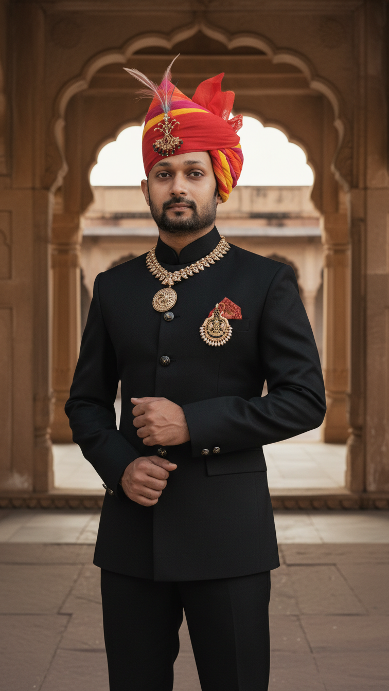 Default black bandhgala jodhpuri suit in fabric with a front pose showcasing royal elegance