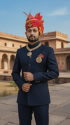 Default navy blue bandhgala jodhpuri suit in fine fabric, front view with decorative turban