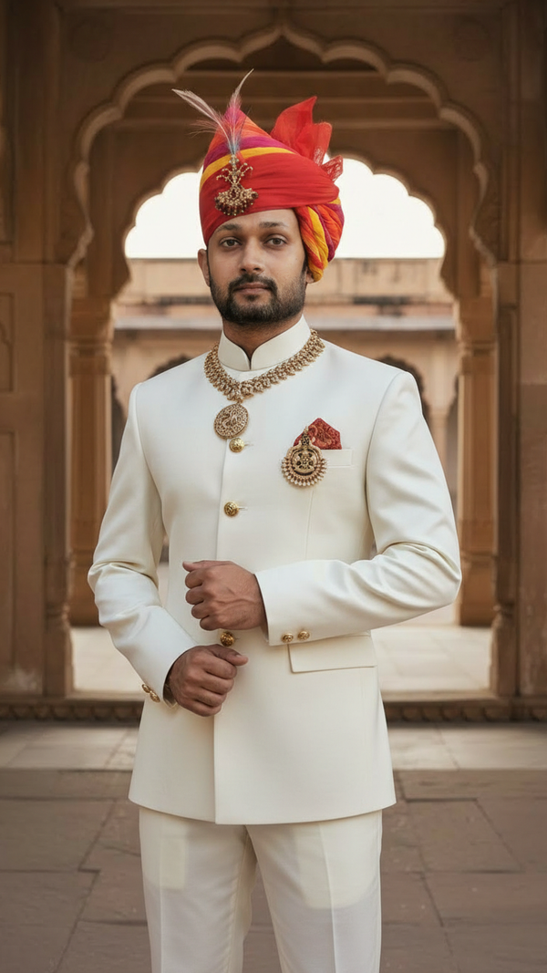 Default white bandhgala jodhpuri suit made of fabric, front view with intricate details