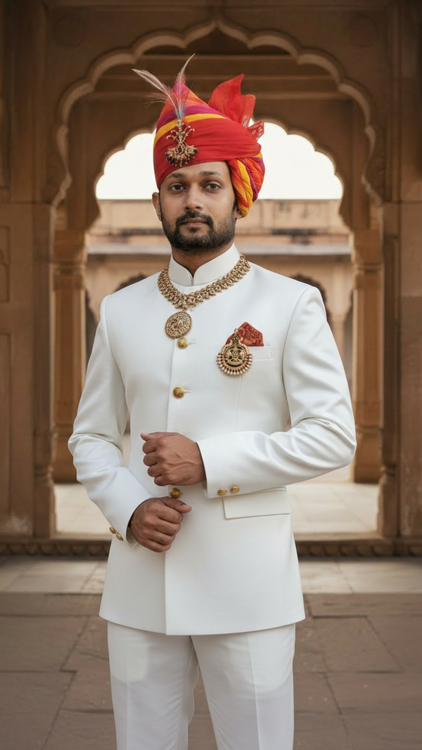 Default white bandhgala jodhpuri suit in fabric with a front view featuring traditional embellishments