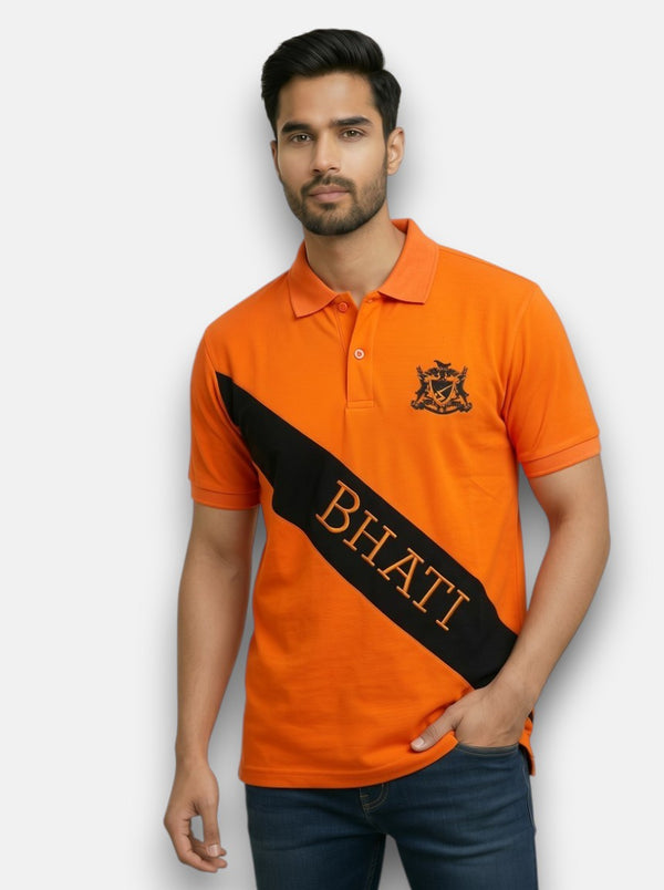 M'TSHIRTS in orange cotton fabric featuring a diagonal black stripe; bhati lobo tshirts
