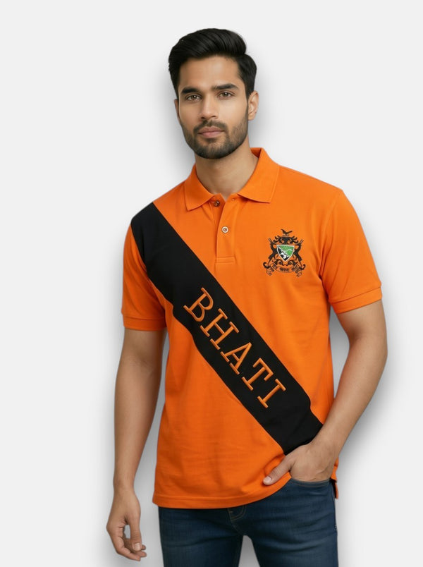 M'TSHIRTS orange cotton polo shirt front angle featuring bhati lobo tshirts design