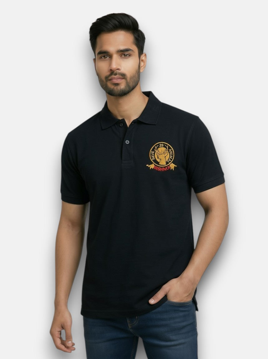 M'TSHIRTS black cotton front view featuring Bishnoi logo tshirts for stylish casual wear