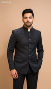 Stylish black embroidered bandhgala suit featuring unique shoulder detailing and a tailored fit