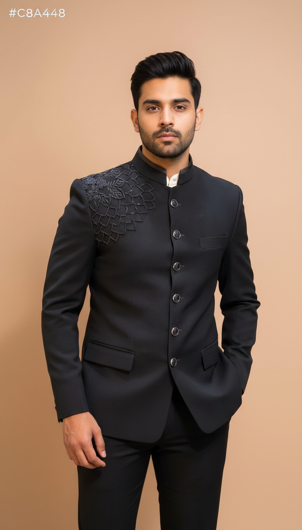 Stylish black embroidered bandhgala suit featuring unique shoulder detailing and a tailored fit