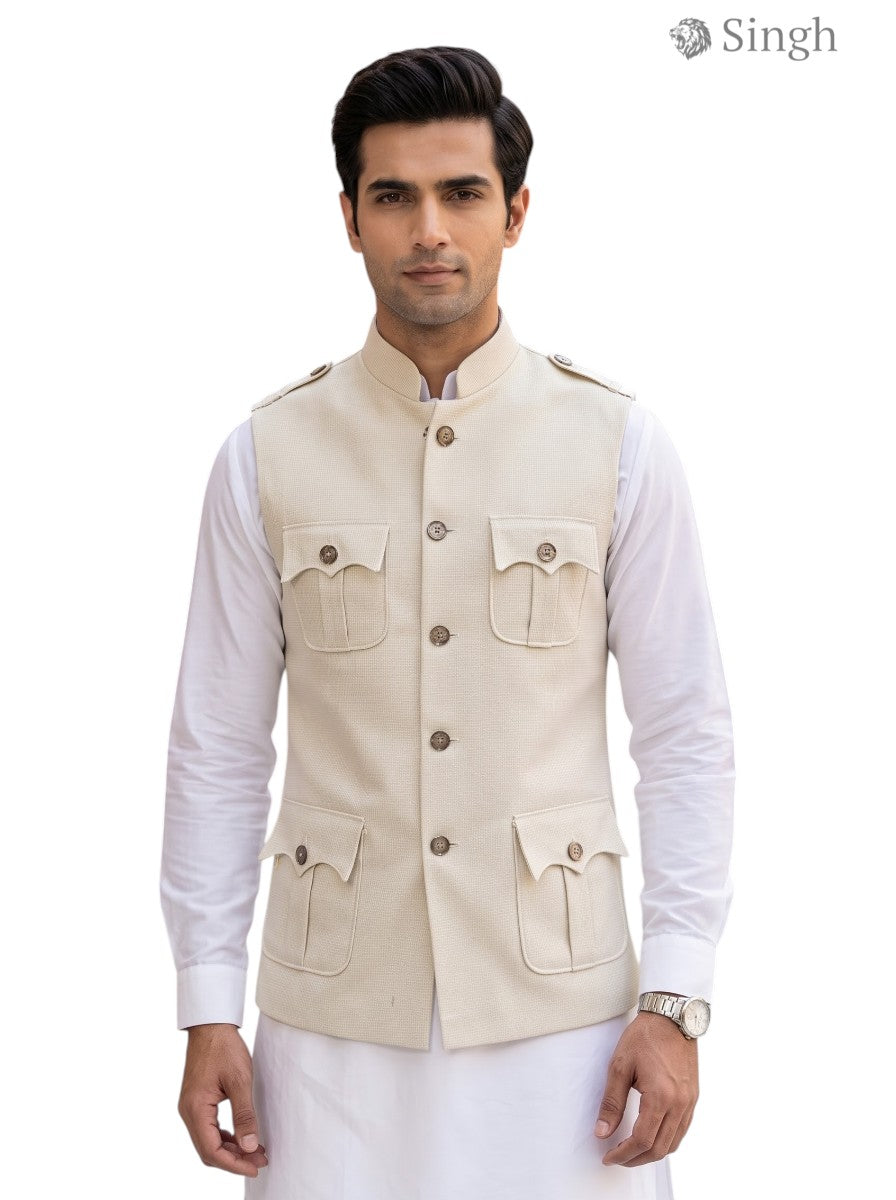 Mens Koti in beige cotton fabric from Singh, featuring multiple pockets and a stylish design, BOX CODE HK-16-2136-1-36