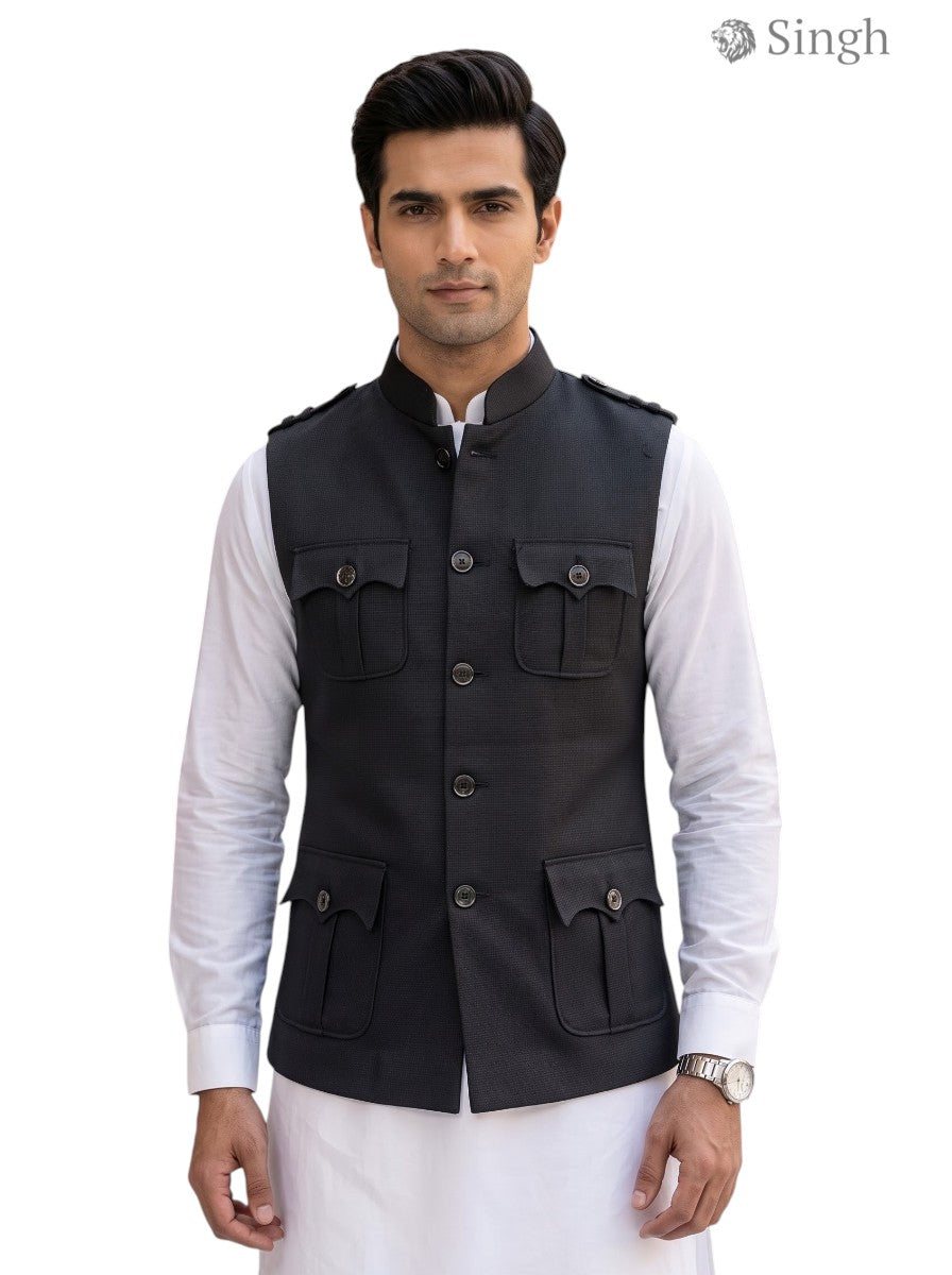 Men's black koti in cotton from Singh, front view, BOX CODE HK-16-2136-1-36