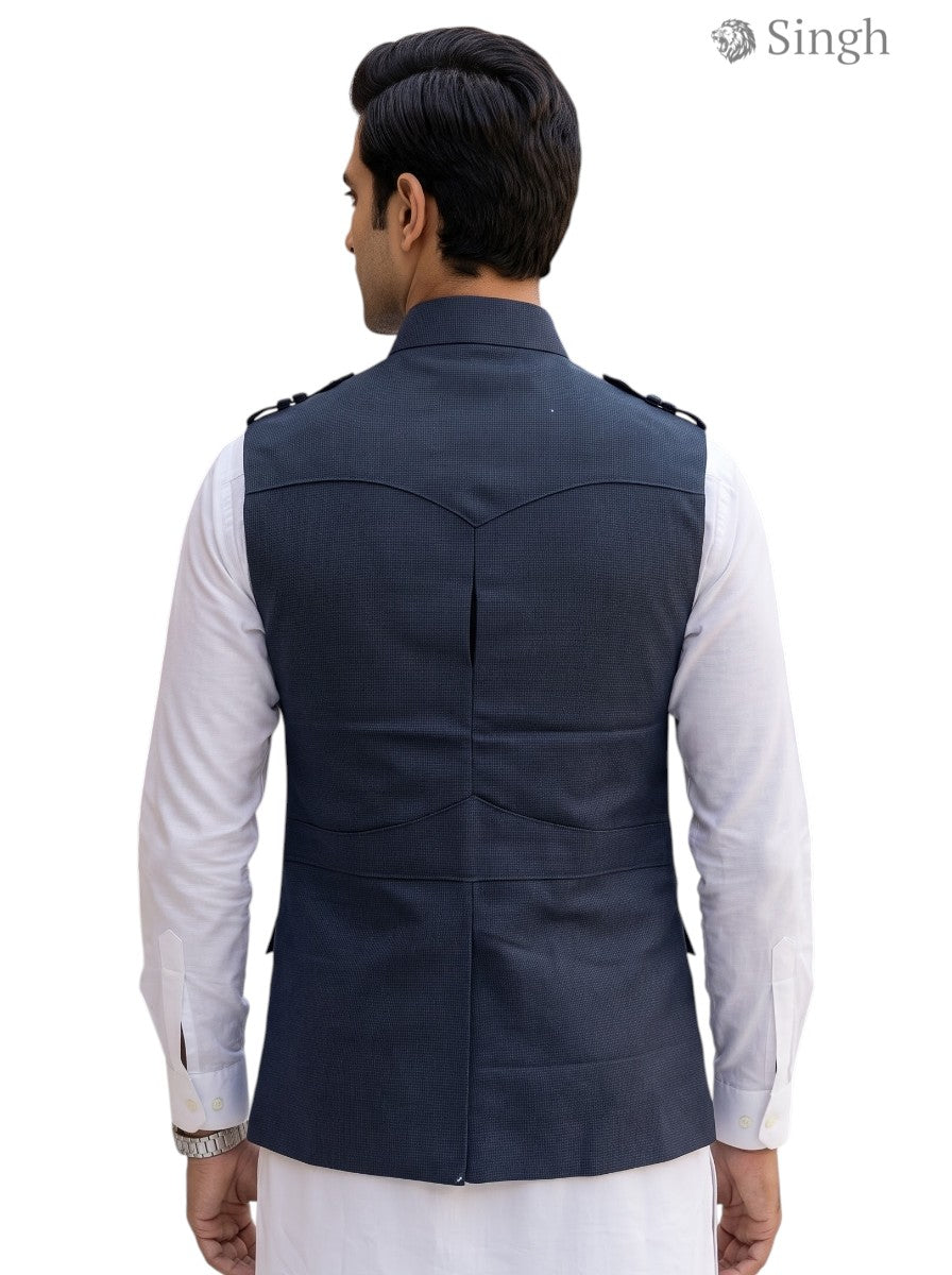 Men's Koti in navy blue fabric viewed from the back, BOX CODE HK-16-2136-1-36