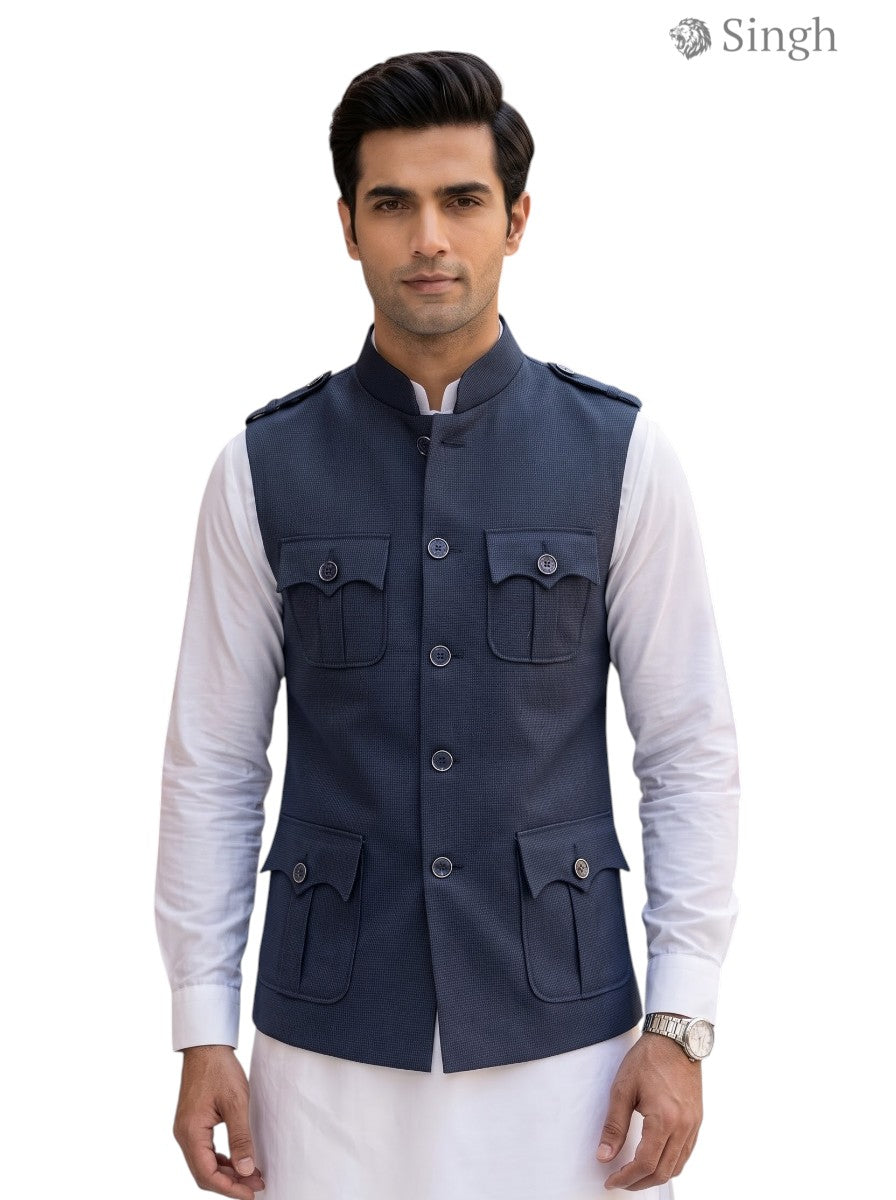 Mens Koti in navy blue fabric with front pockets; Box Code HK-16-2136-1-36