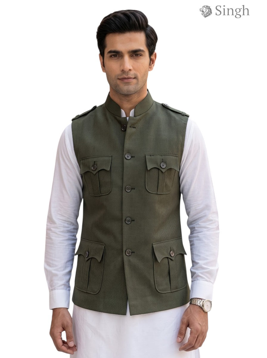 Mens Koti in Olive Green Cotton with Front Pockets, Box Code HK-16-2136-1-36