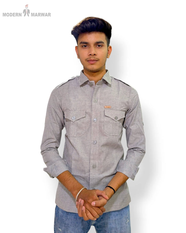 Modern Marwar Men's Casual Shirts in Light Gray with Buttoned Pockets and Stylish Design