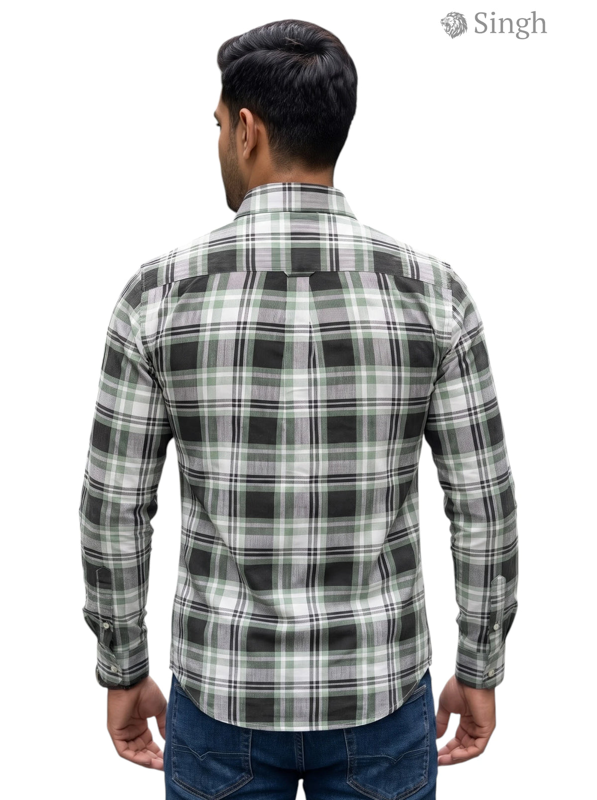 Men's green plaid shirt made of cotton, back view showing design, CHEX SHIRT-1