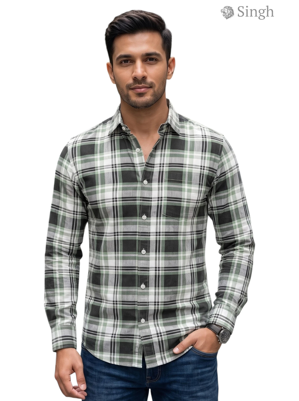 Men's green checkered dress shirt in cotton from SINGH, front view - CHEX SHIRT-1