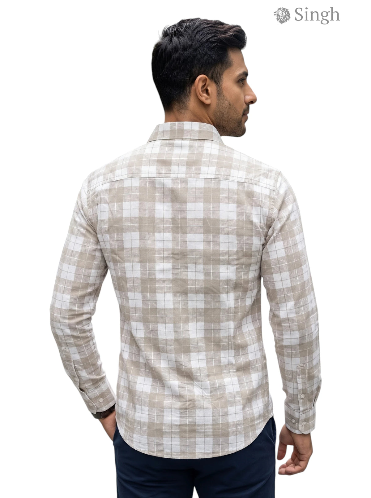 Men's beige checkered cotton shirt from SINGH viewed from the back, CHEX SHIRT-5029-11