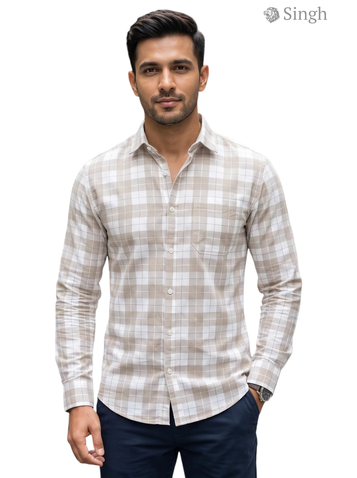 Men's beige cotton CHEX SHIRT-5029-11 showcasing a stylish fit from the front