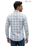Men's blue checked cotton shirt from SINGH at a back view, featuring CHEX SHIRT-5029-12