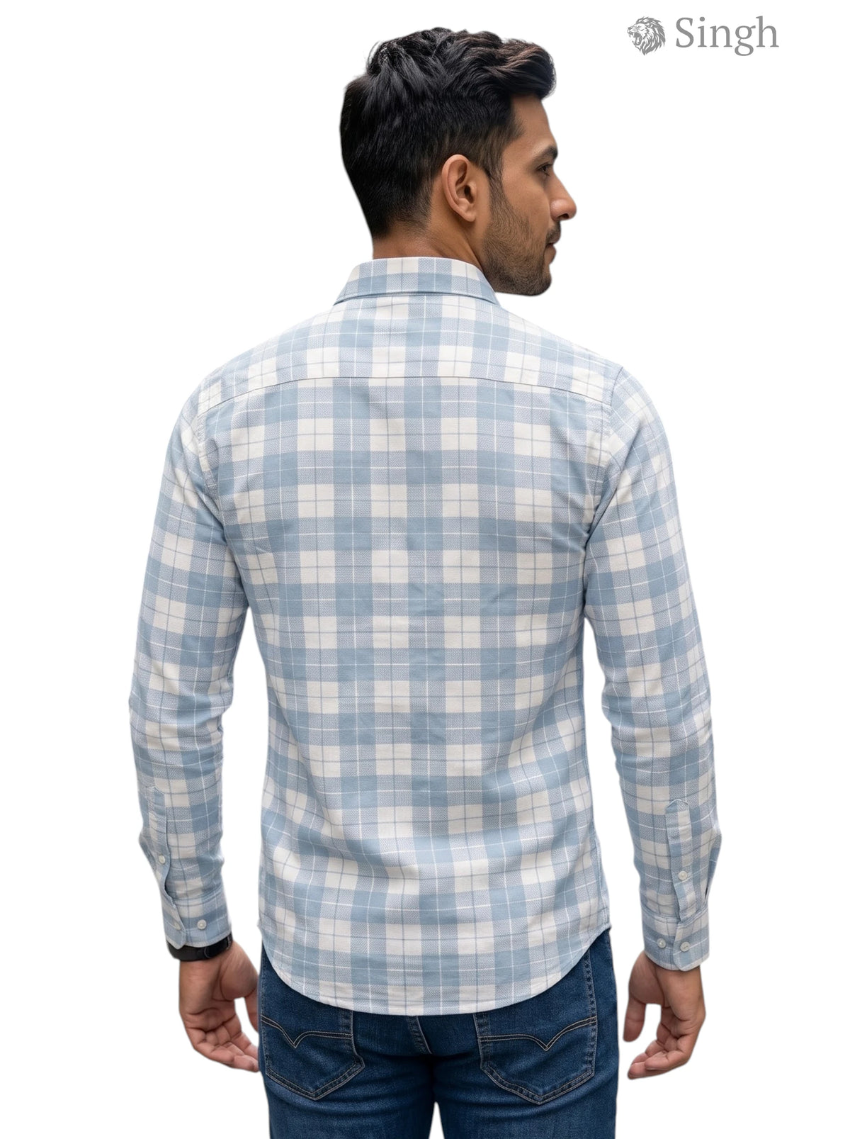Men's blue checked cotton shirt from SINGH at a back view, featuring CHEX SHIRT-5029-12