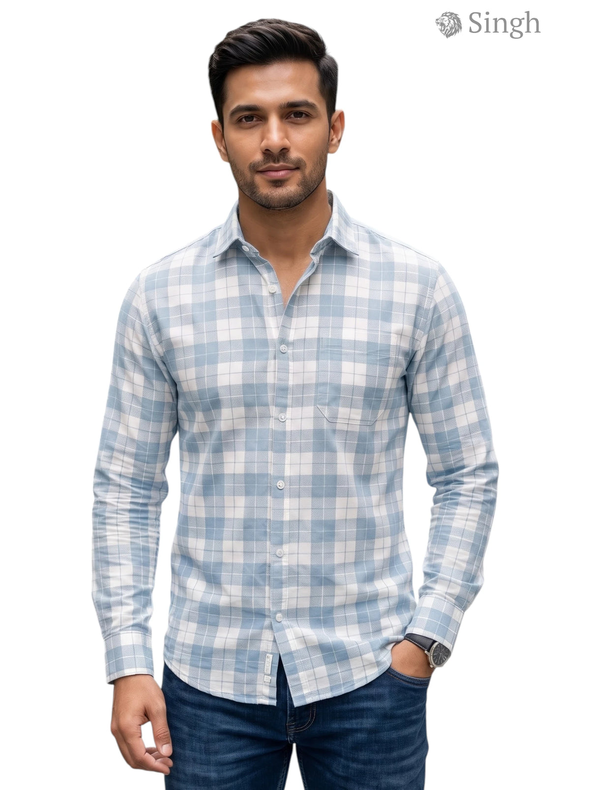 Men's blue and white checked long sleeve cotton shirt, CHEX SHIRT-5029-12, front view