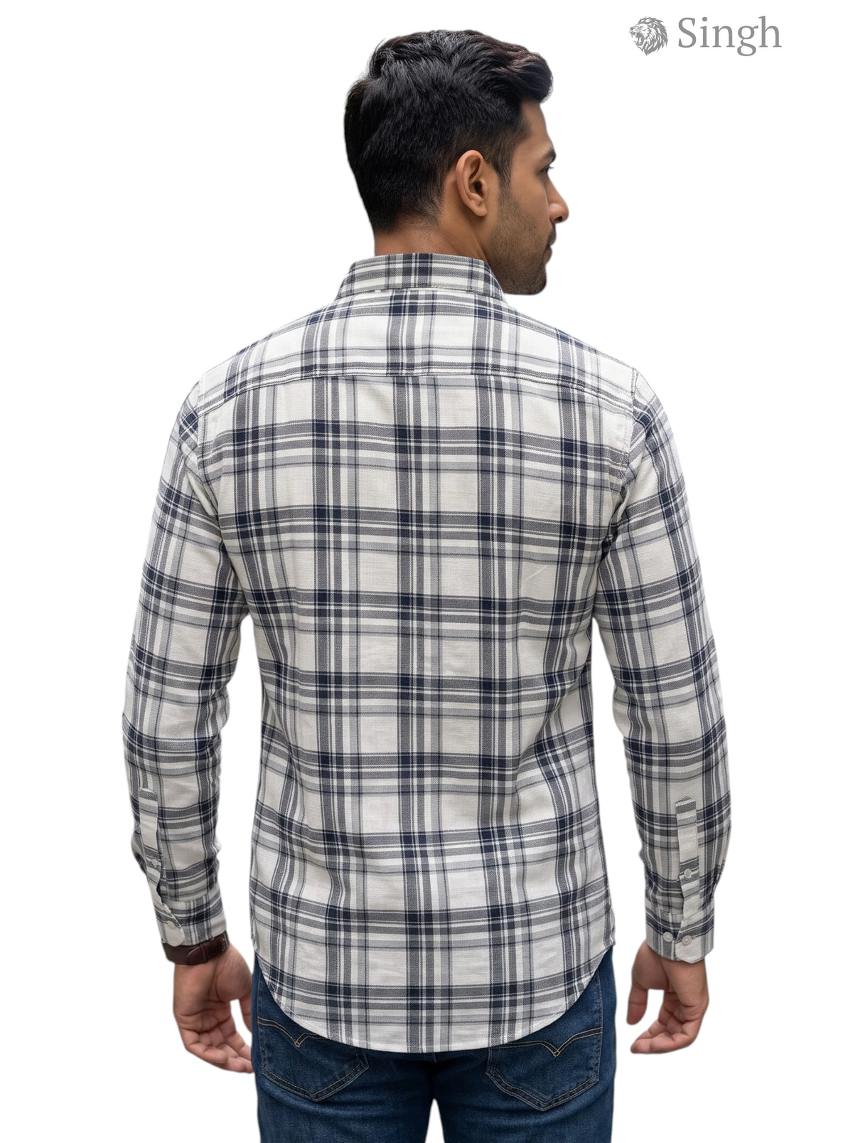 Men's white and navy plaid shirt from SINGH in soft cotton, back view - CHEX SHIRTS-5029-7