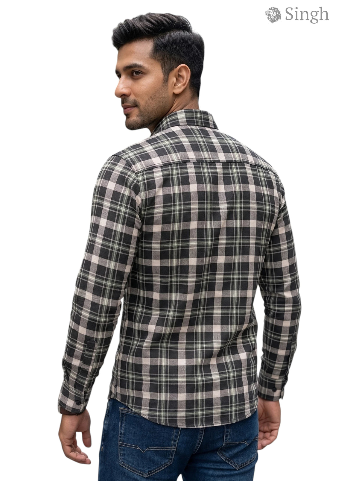 Men's Chex SHRTS-5029-9 black and gray plaid shirt in a stylish rear view angle