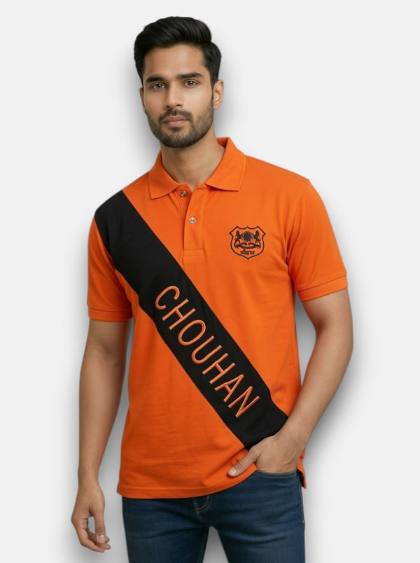 Men's orange polo M'TSHIRTS in cotton with a front angle showing chouhan logo t-shirts